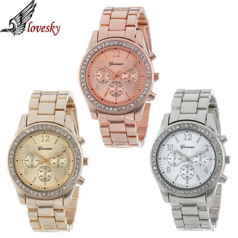 Lovesky 2017 New Fashion Faux Chronograph Plated Classic Geneva Quartz Ladies Watch Women Crystals Wristwatches Relogio Feminino