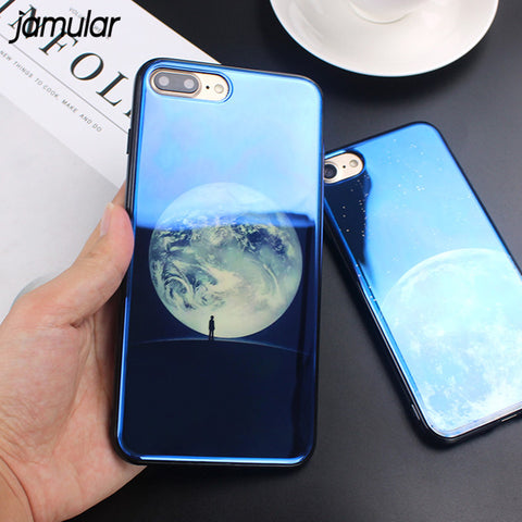 JAMULAR Electroplate Blue Light Soft Phone Cover for iPhone X 6 6s 7 8 Moon Planet Space Silicone Case for iPhone 6 6s 7 8 Plus